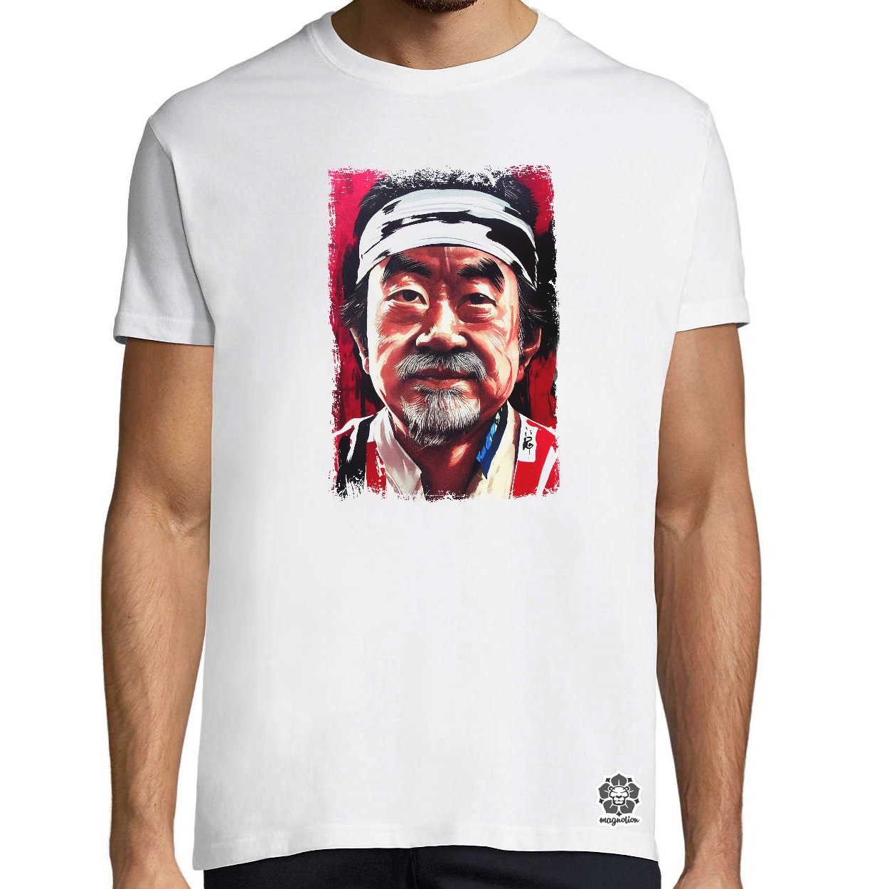 Fekete-piros Mr Miyagi rajz egyedi póló 
